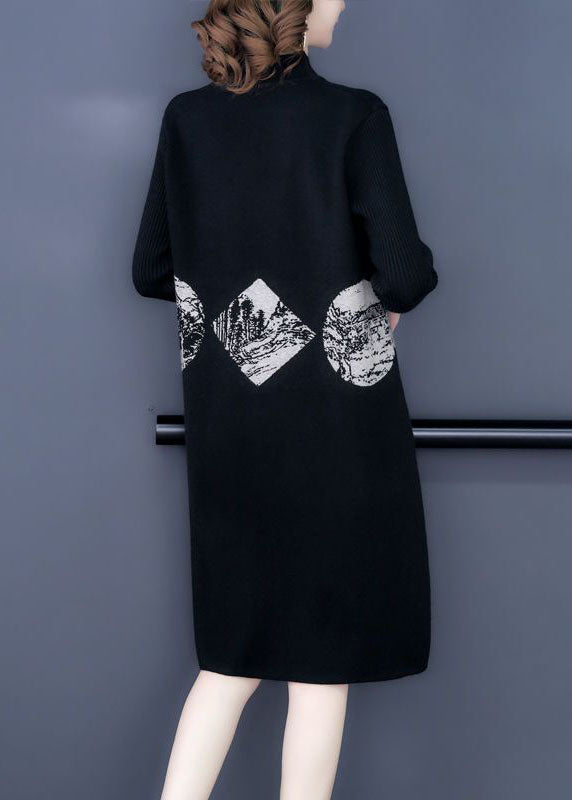 Black Print Warm Cashmere Sweater Dress Stand Collar Long Sleeve