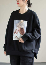 Black Print Warm Fleece Loose Pullover Sweatshirt O-Neck Winter