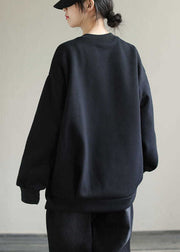 Black Print Warm Fleece Loose Pullover Sweatshirt O-Neck Winter