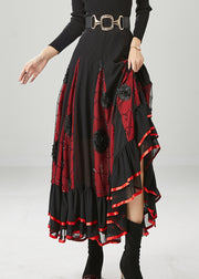 Black Red Patchwork Chiffon Skirt Floral Exra Large Hem Fall