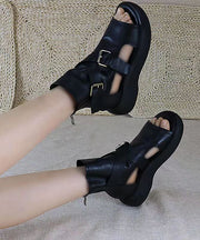 Black Sandals Boots Platform Cowhide Leather Casual Splicing Peep Toe