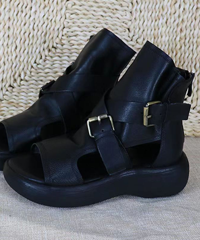 Black Sandals Boots Platform Cowhide Leather Casual Splicing Peep Toe