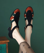 Black Sandals Chunky Heel Suede Elegant Splicing Buckle Strap