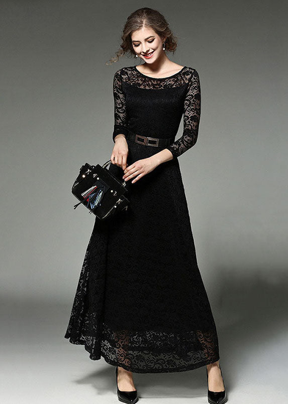 Black Sashes Patchwork Slim Fit Lace Long Dresses O-Neck Bracelet Sleeve