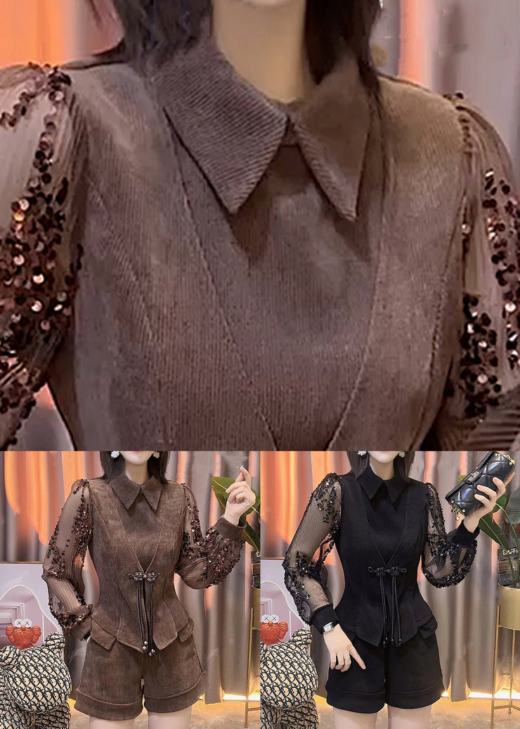 Black Sequins Patchwork Cotton Two Pieces Set Button Long Sleeve