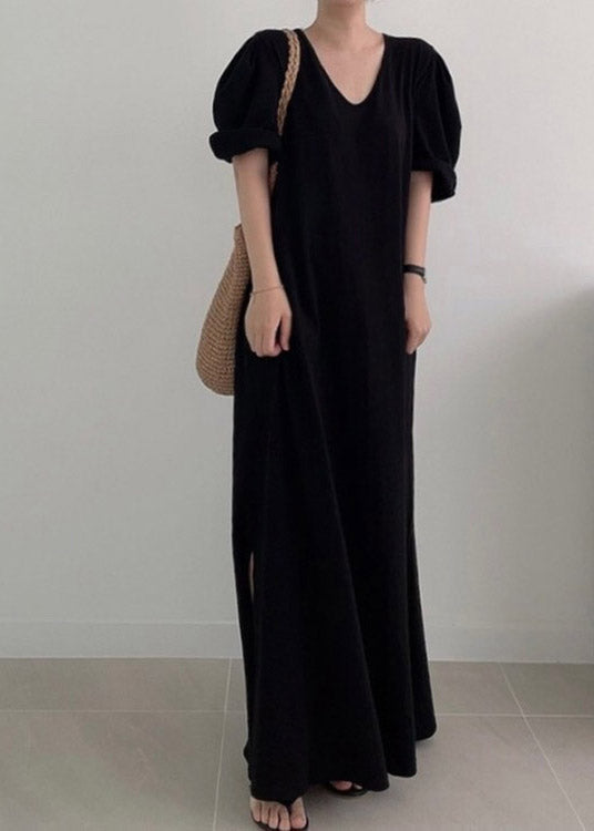 Black Side Open Knit Maxi Dress Long Sleeve