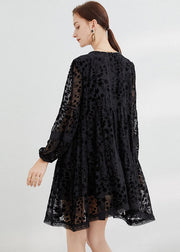 Black Silk Velour Dresses O-Neck Hollow Out Long Sleeve