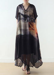 Black Silk Vintage Large Irregular Print Dress - SooLinen