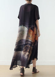 Black Silk Vintage Large Irregular Print Dress - SooLinen