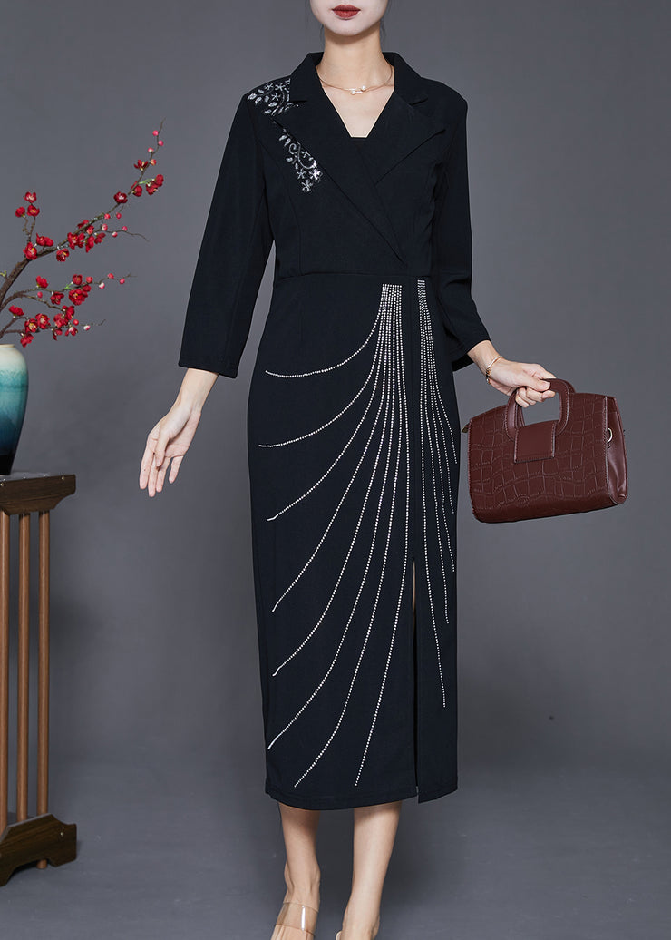 Black Silm Fit Cotton Long Dresses Notched Collar Fall