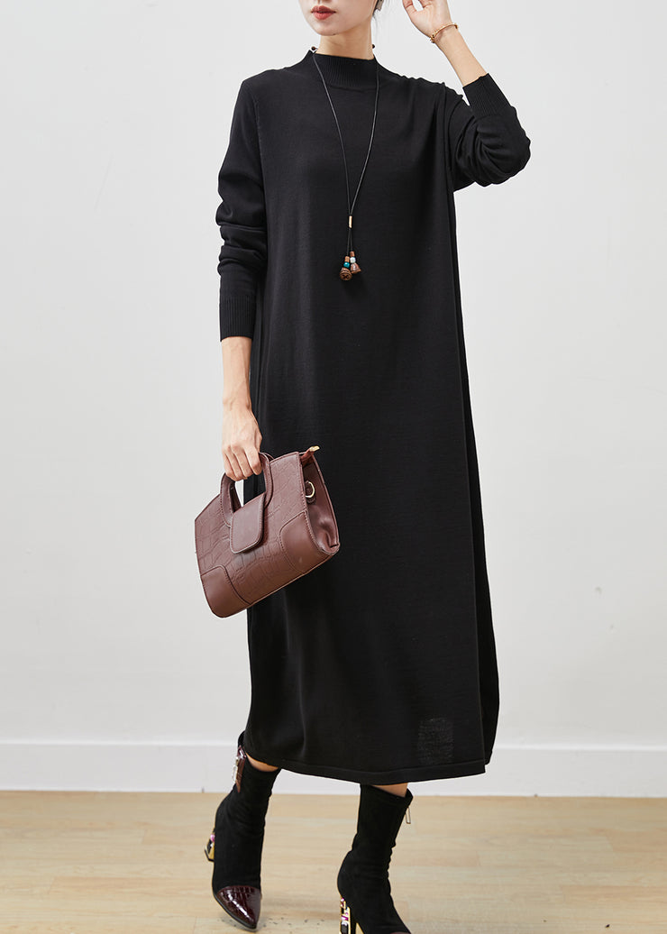 Black Silm Fit Knit Long Dress Stand Collar Spring