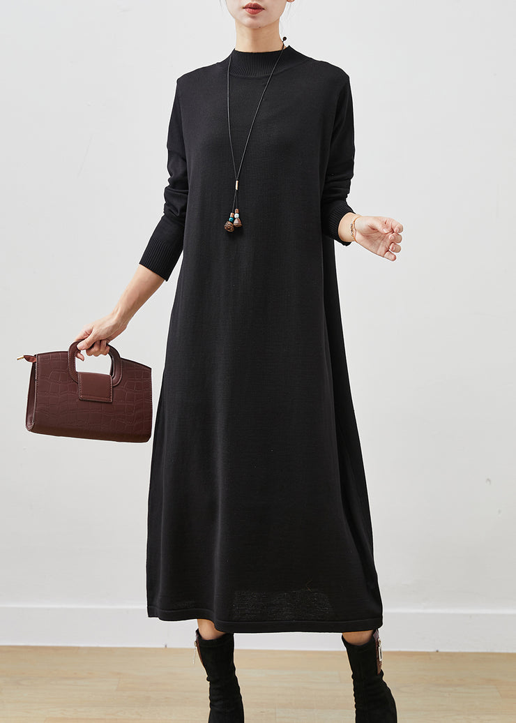 Black Silm Fit Knit Long Dress Stand Collar Spring