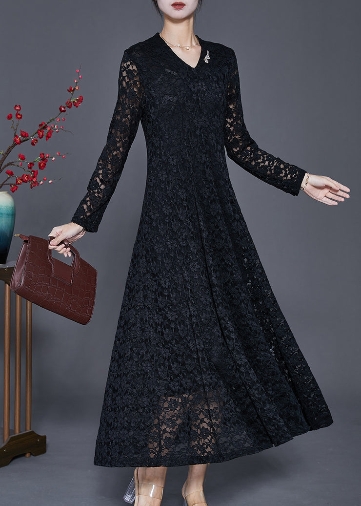 Black Silm Fit Lace A Line Dresses Hollow Out Spring