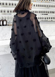 Black Simple Button Cinched Two Piece Set Women Clothing Chiffon Top - SooLinen