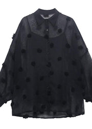 Black Simple Button Cinched Two Piece Set Women Clothing Chiffon Top - SooLinen