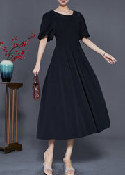 Black Slim Fit Cotton Dresses O-Neck Cinched Puff Sleeve