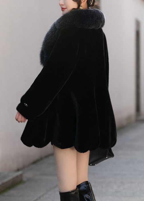Black Slim Fit Mink Velvet Coat Fox Collar Pockets Winter
