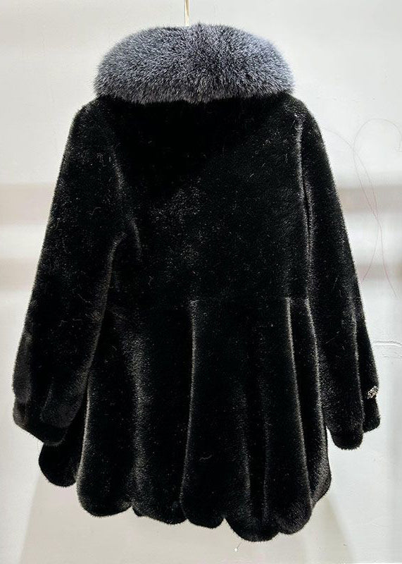 Black Slim Fit Mink Velvet Coat Fox Collar Pockets Winter