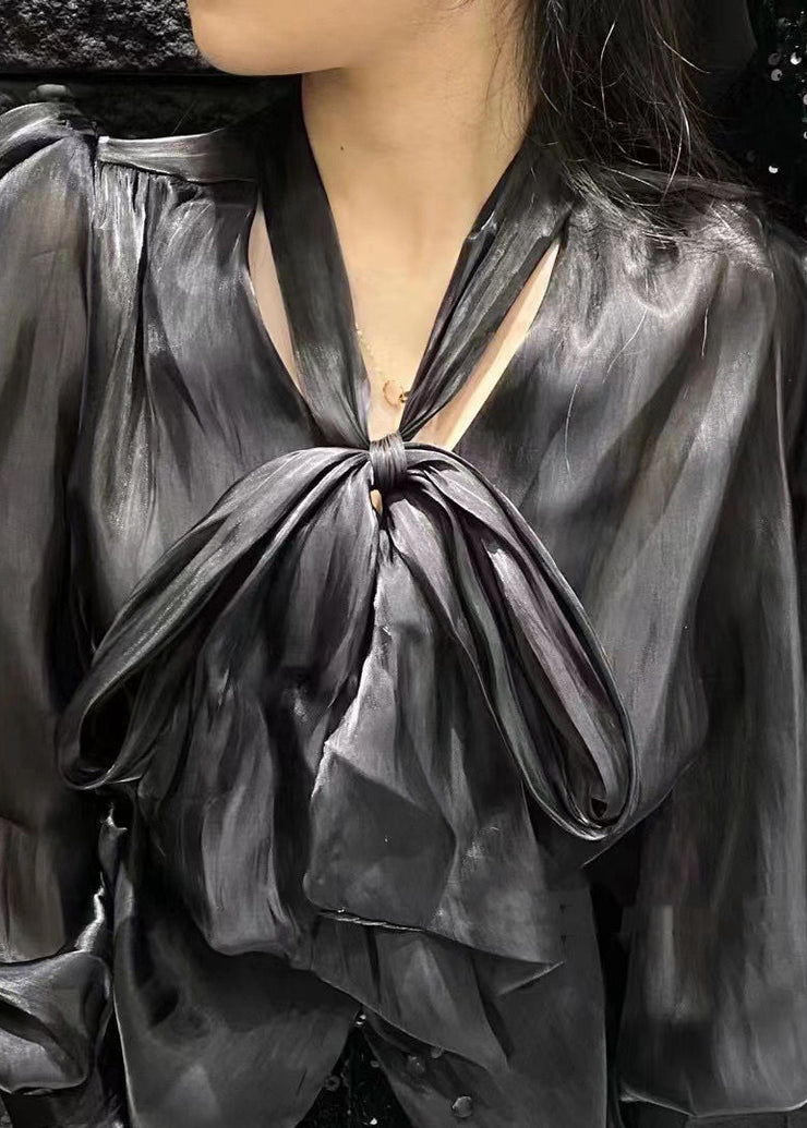 Black Solid Button Silk Shirt Bow Long Sleeve