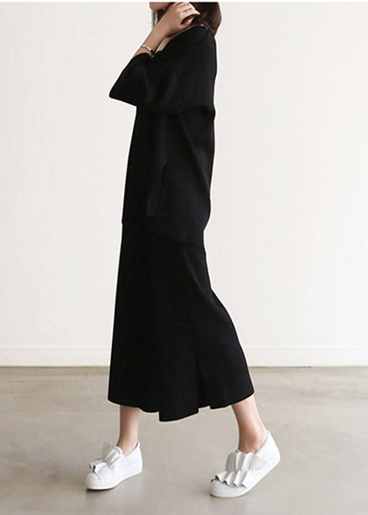 Black Solid Knit Top And Wide Leg Pants Two Pieces Set Spring
