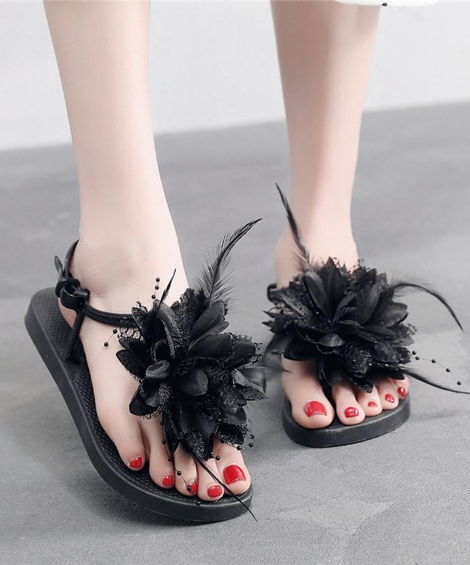 Black Splicing Floral Beach Holiday For Flat Sandals