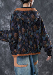 Black Square Shape Print Fine Cotton Filled Jacket Hooded Spring