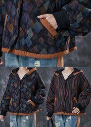 Black Square Shape Print Fine Cotton Filled Jacket Hooded Spring