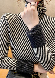 Black Stand Collar Striped Thick Knit Sweater Bottoming Shirt