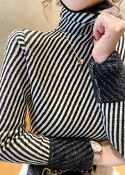 Black Stand Collar Striped Thick Knit Sweater Bottoming Shirt