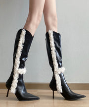 Black Stiletto Faux Leather Teddy Fashion Splicing Boots