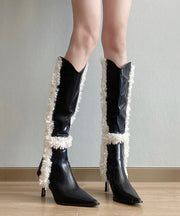 Black Stiletto Faux Leather Teddy Fashion Splicing Boots