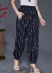 Black Striped Cotton Harem Pants Oversized Elastic Waist Fall