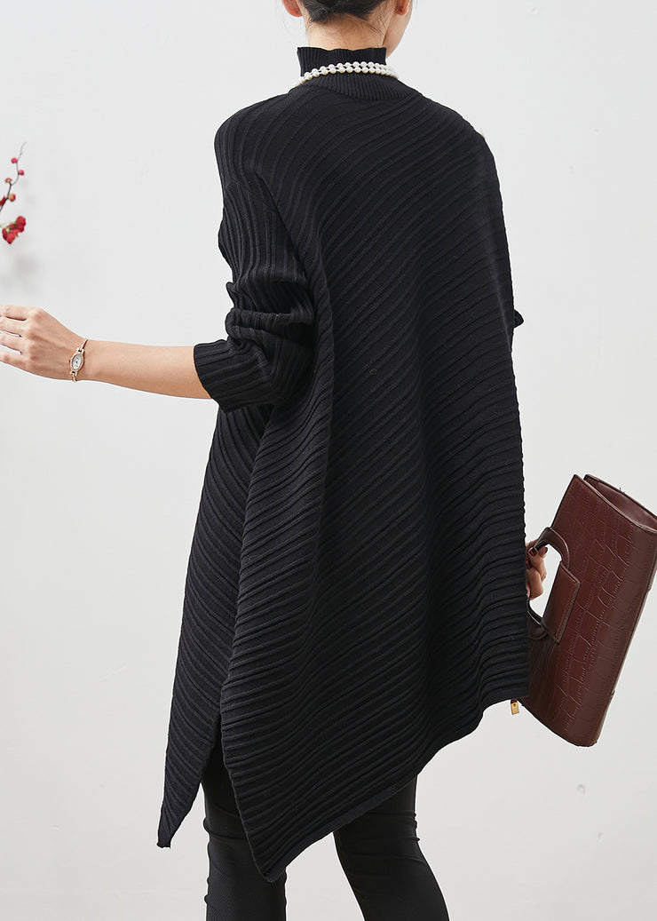 Black Striped Knit Tops High Neck Asymmetrical Spring