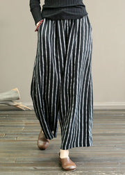 Black Striped Linen Wide Leg Pants Elastic Waist Oversized Summer
