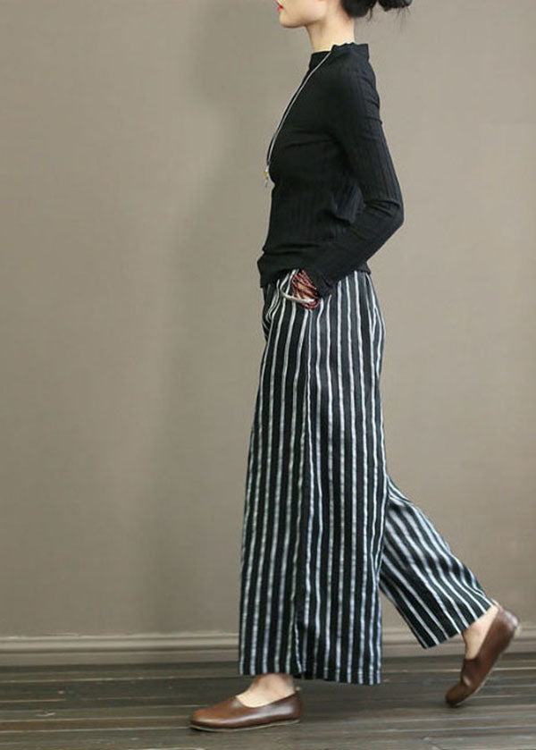 Black Striped Linen Wide Leg Pants Elastic Waist Oversized Summer