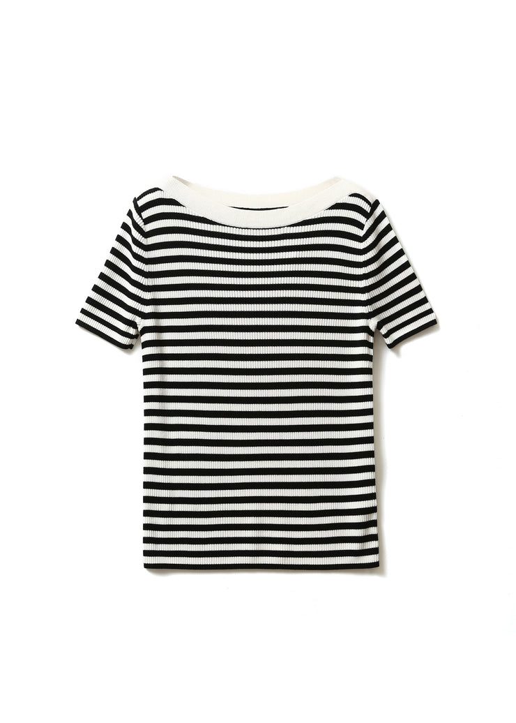 Black Striped O-Neck Silk Knit T Shirts Sleeve