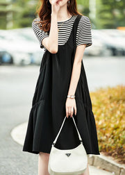 Black Striped Patchwork Cotton Dresses Wrinkled Short Sleeve