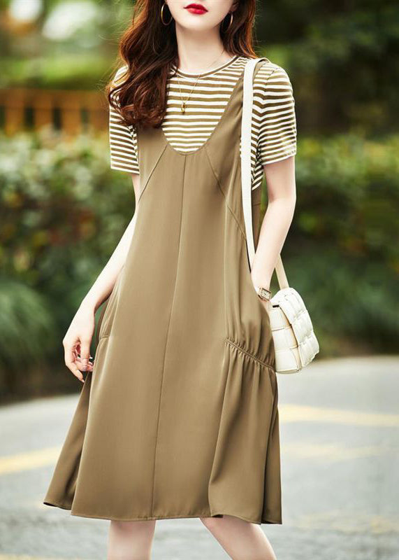 Black Striped Patchwork Cotton Dresses Wrinkled Short Sleeve