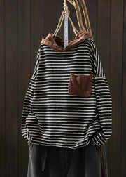 Black Striped Pockets Patchwork Cotton Blouse Tops Hooded Fall