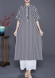 Black Striped Silk Maxi Dresses Oversized Peter Pan Collar Summer