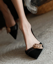Black Suede High Heels Stylish Splicing Floral Pointed Toe