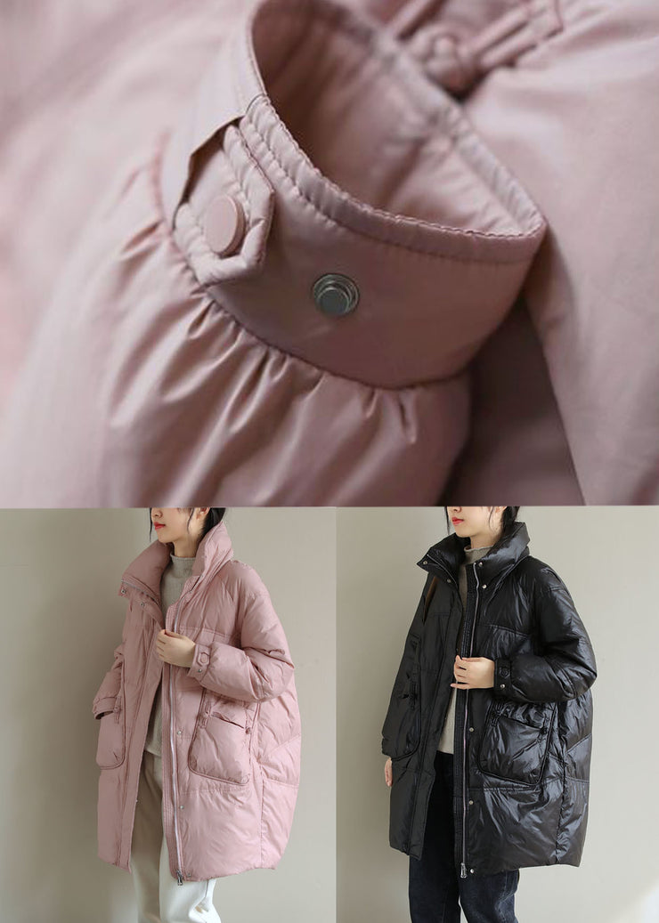 Black Thick Duck Down Down Coat Stand Collar Oversized Pockets Winter