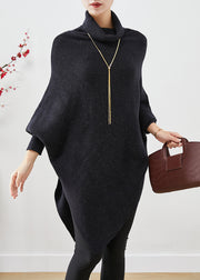 Black Thick Knit Sweater Turtle Neck Asymmetrical Design Batwing Sleeve