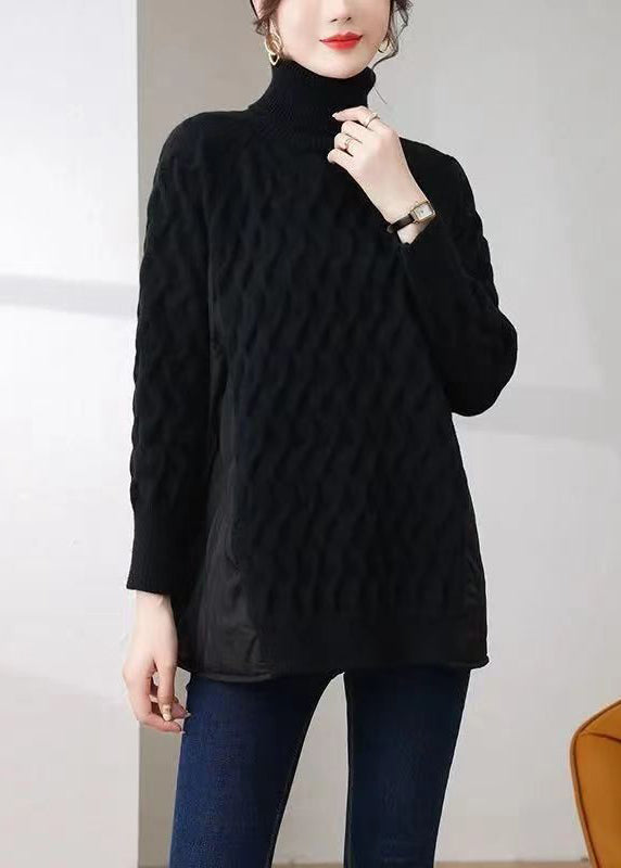 Black Thick Patchwork Knit Pullover Shirts Hign Neck Zip Up Winter