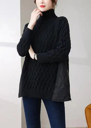Black Thick Patchwork Knit Pullover Shirts Hign Neck Zip Up Winter