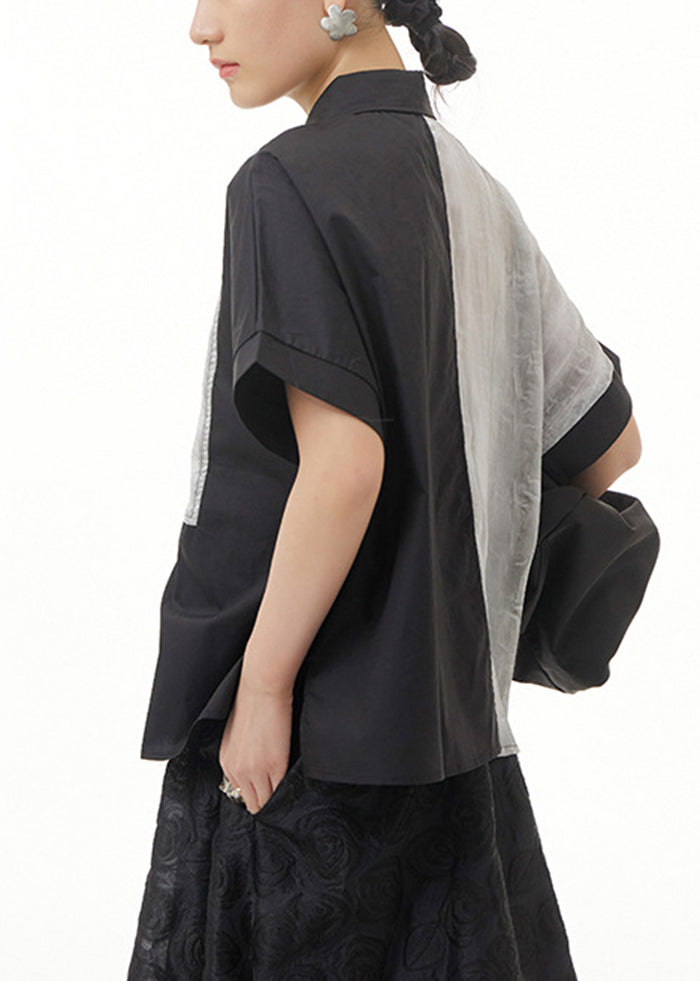 Black Tie Dye Cotton Blouse Tops Oversized Summer