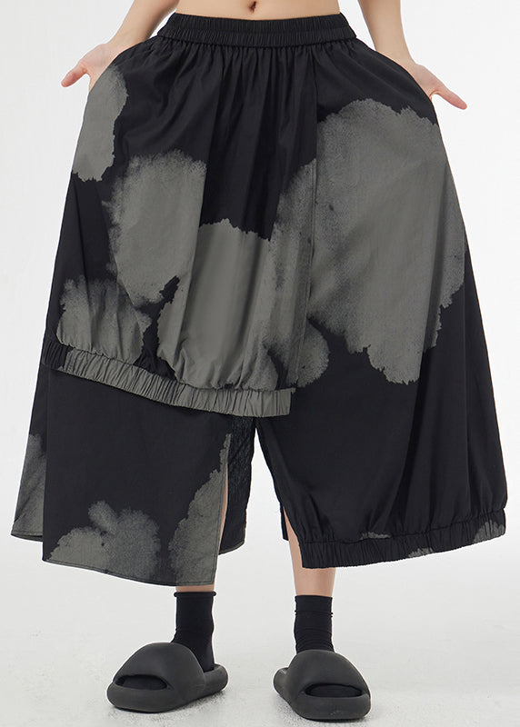 Black Tie Dye Pockets Elastic Waist Patchwork Cotton Skirt Asymmetrical Summer