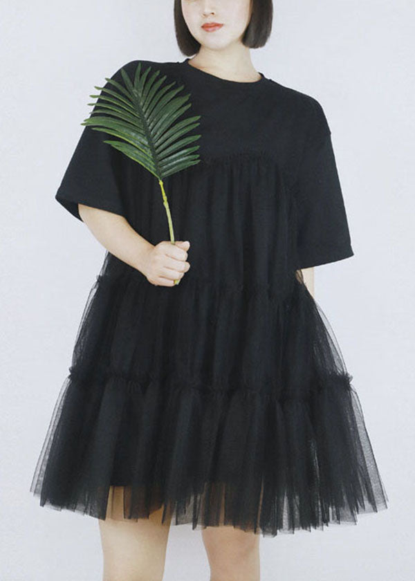 Black Tulle Patchwork Cotton A Line Dress O-Neck Short Sleeve