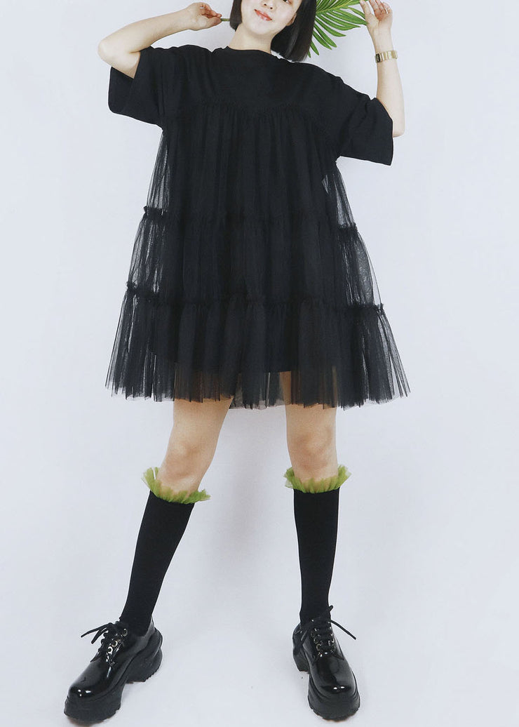 A-Linien-Kleid aus schwarzer Tüll-Patchwork-Baumwolle mit O-Ausschnitt und kurzen Ärmeln