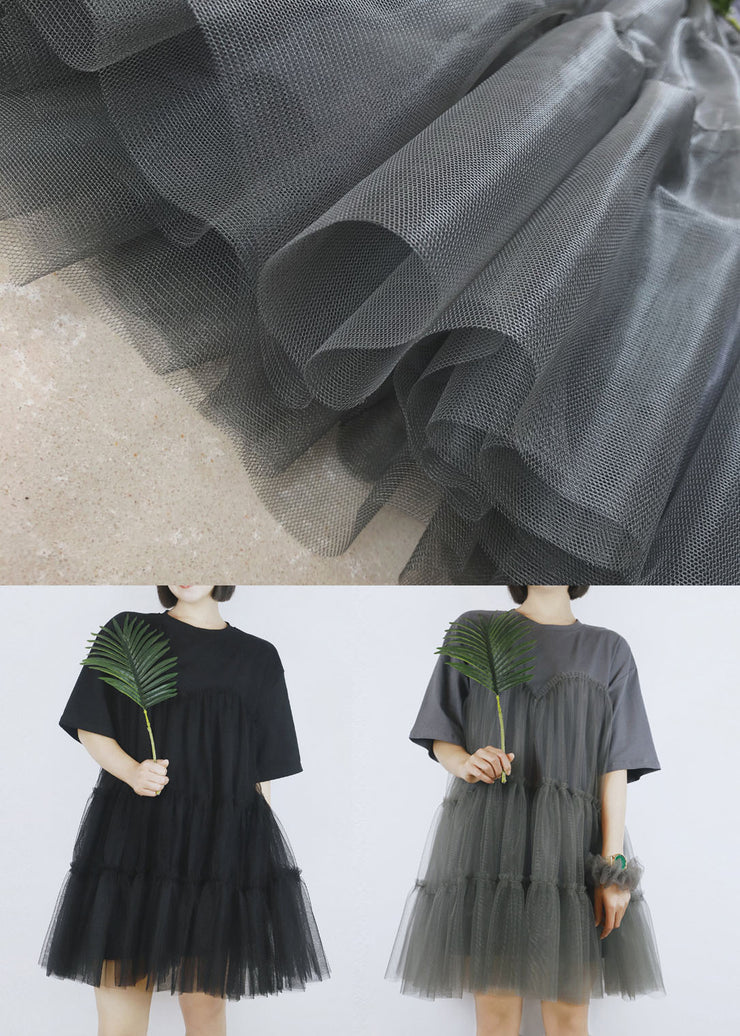 A-Linien-Kleid aus schwarzer Tüll-Patchwork-Baumwolle mit O-Ausschnitt und kurzen Ärmeln